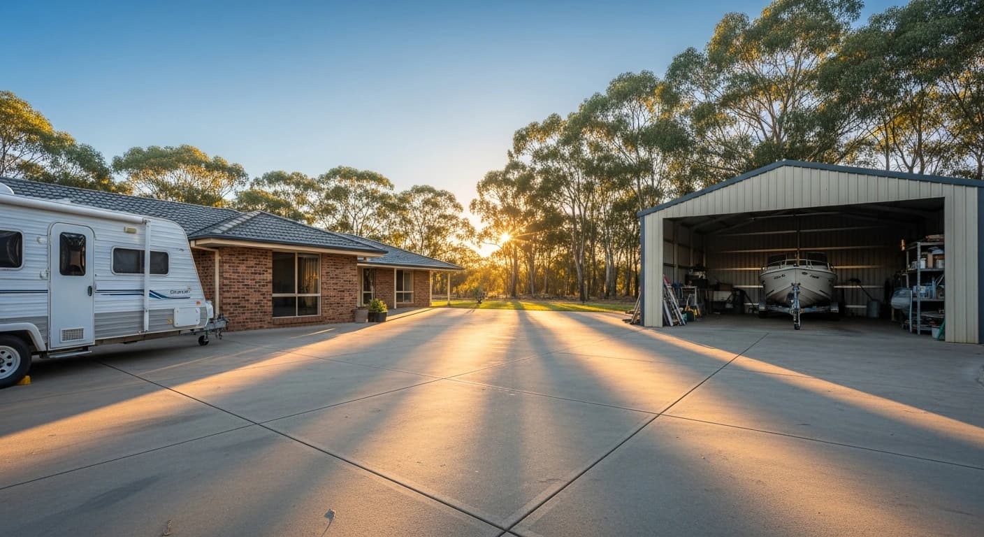 Australian residential property with caravan, shed, and boat, StorageFinder