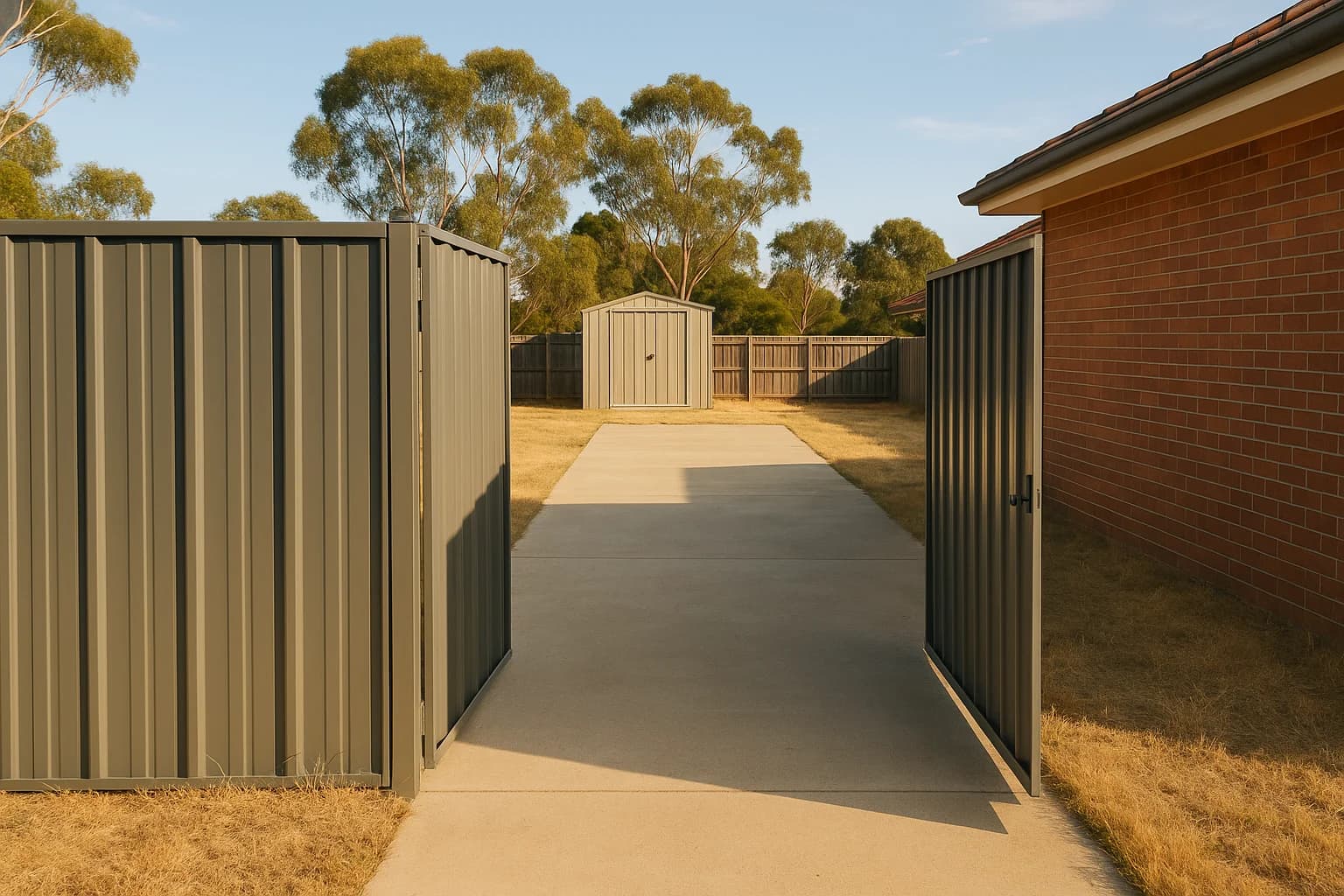 Wide Australian residential yard with Colorbond shed and eucalyptus trees